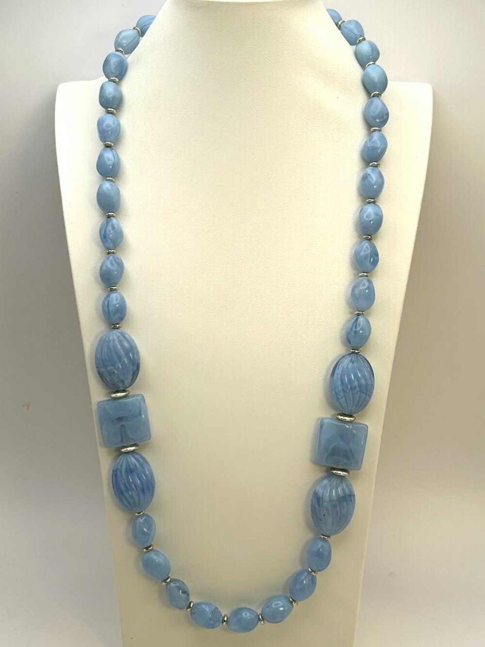 Vintage Blue Marbled Lucite Bead Necklace Opera Length 34"